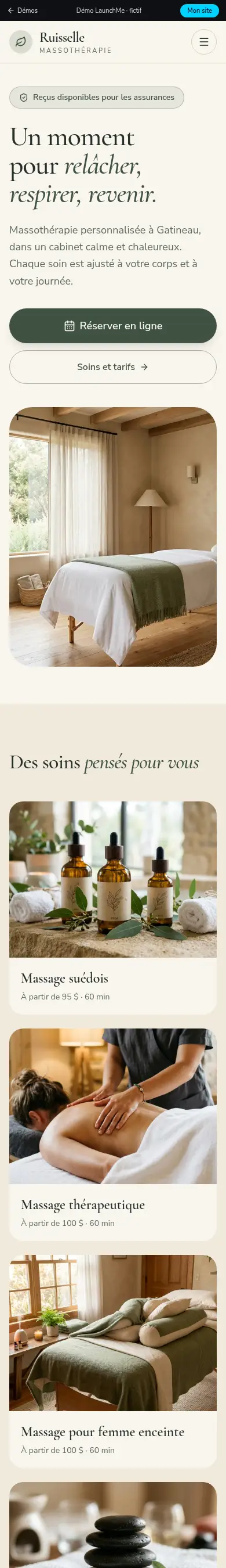 Aperçu du site de Massothérapie Ruisselle sur téléphone